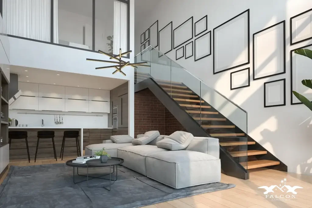 Modern open-concept Southern California home interior with glass staircase, contemporary kitchen, and minimalist living room design.