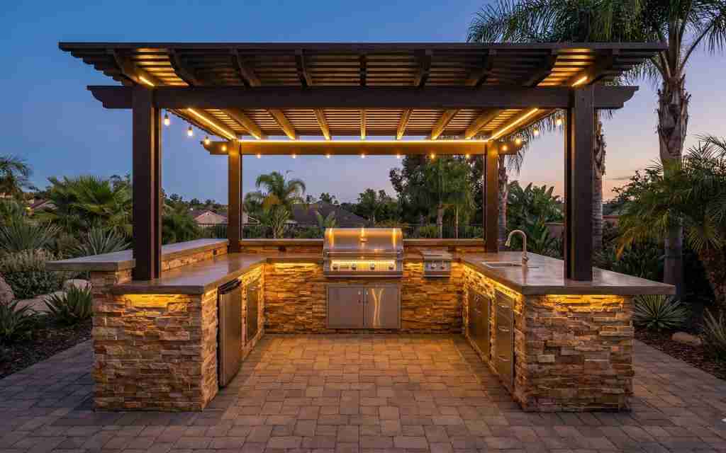 Outdoor kitchen builder, custom outdoor living spaces, deck and patio remodel, fire pit installation contractor
