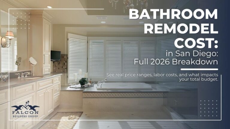 Bathroom remodel cost guide in San Diego featuring a luxury bathroom with custom cabinets and soaking tub