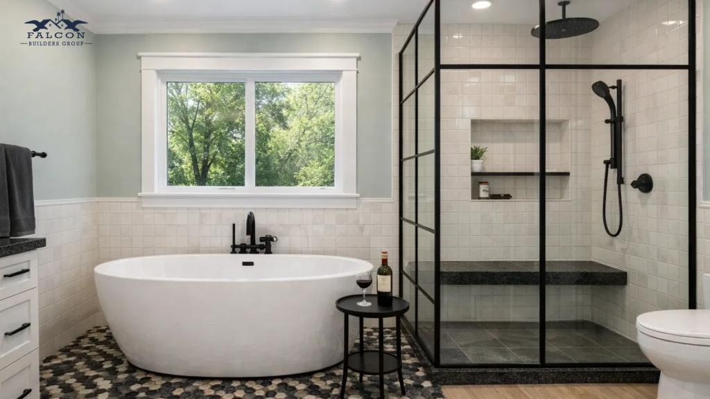 Modern bathroom remodeling design with freestanding tub and glass shower by Falcon Builders Group