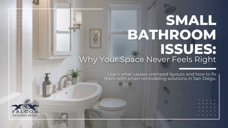 Comparison of a cramped, outdated bathroom and a modern remodeled bathroom showing solutions for small bathroom issues in San Diego, CA