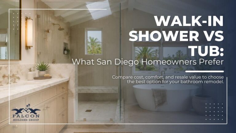 Modern bathroom with a walk-in shower and freestanding tub, showing walk-in shower vs tub comparison for San Diego homeowners considering bathroom remodels.